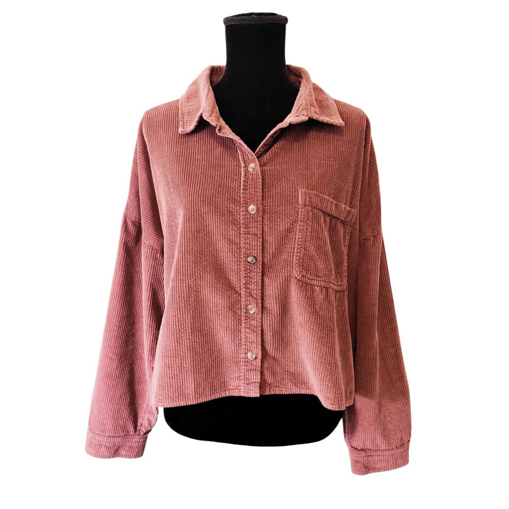 AMERICAN EAGLE Dusty Rose Boxy Cropped Corduroy Shacket L Western Cozy Cabincore